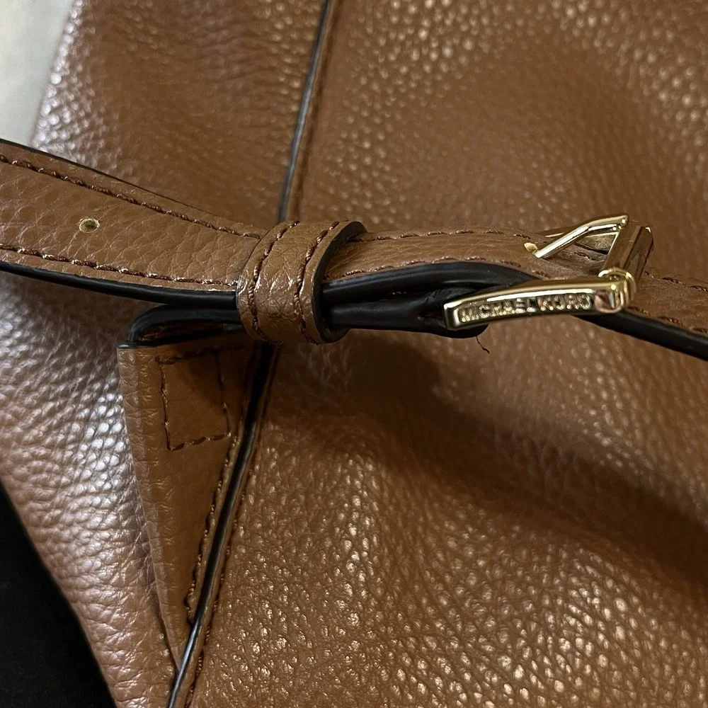 Michael Kors Pebbled LEATHER Rhea Zip Slim Backpack Purse Camel Gold Hardware